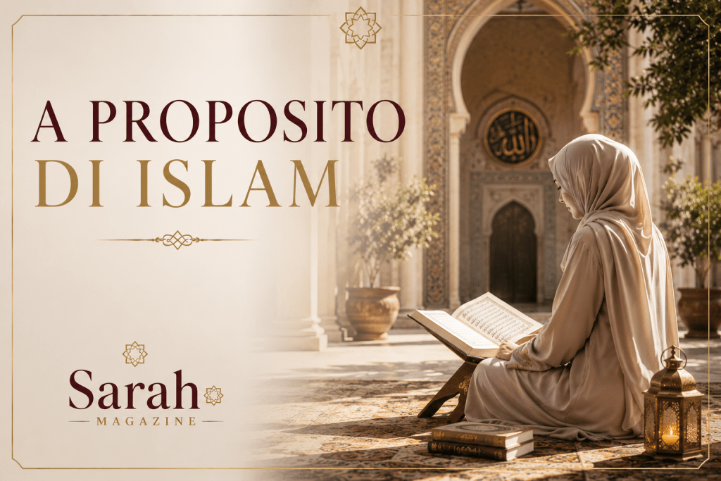 Donna musulmana con hijab legge il Corano nel cortile di una moschea. Immagine di copertina della rubrica A proposito di Islam di Sarah Magazine dedicata alla conoscenza della fede islamica.